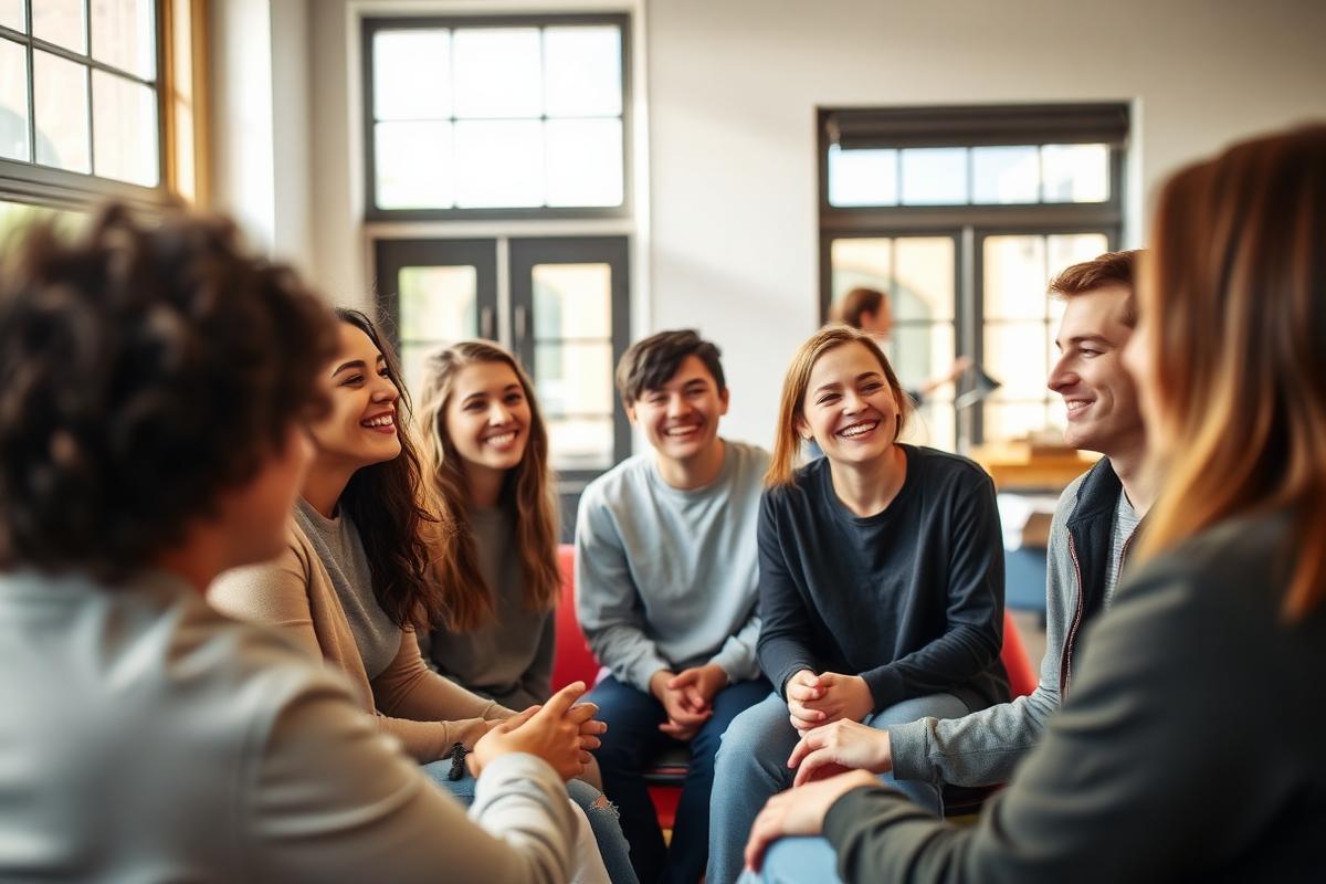 Community members talking in a discussion circle